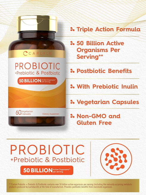 Carlyle Prebiotic, Probiotic & Postbiotic | 50 Billion CFU, 60 Powder Pills, Vegetarian, Gluten Free & Non-GMO