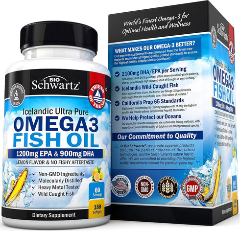 Triple Strength Omega 3 Fish Oil Supplement - 2250mg EPA DHA from Wild Caught Fish for Joint & Brain Health - 180