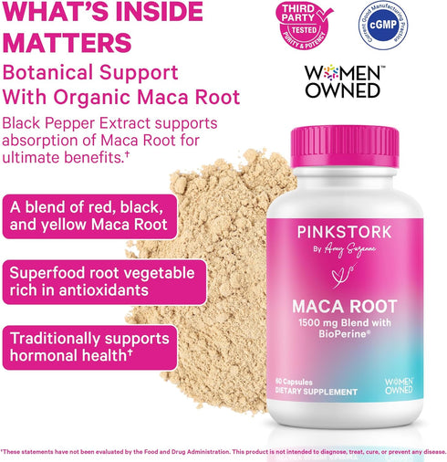 Pink Stork Maca Root Capsules for Women Organic Maca with BioPerine for Hormonal Balance, Energy + Wellness Supports