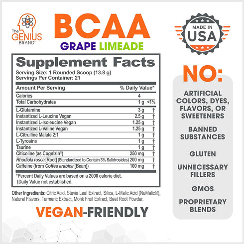 Genius BCAA Energy Powder, Grape Limeade, Nootropic Amino Acids & Muscle Recovery, Vegan Workout Supplement