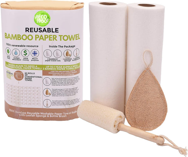 Bamboo Rayon Paper Towels (2 Rolls, 40 Sheets) - Washable Reusable Paper Towel Alternative, Eco Friendly Gift Set