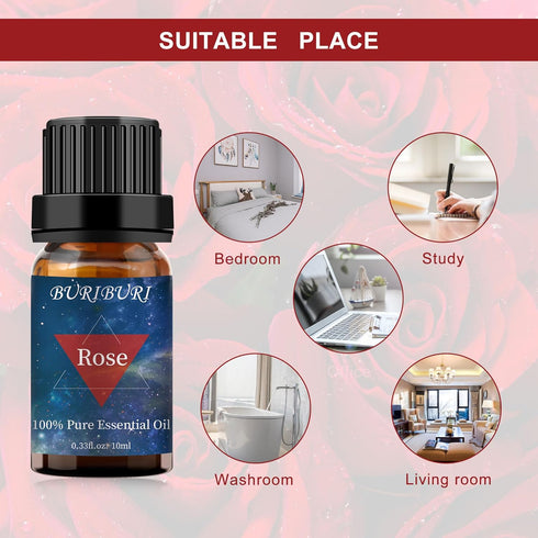 BURIBURI Rose Essential Oil for Diffuser, 100% Pure Natural Aromatherapy - 10ml Romantic Rose Scented Oil