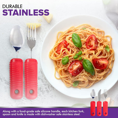 3 Piece Super Easy Grip Flatware Set - Red Fork, Knife, and Spoon, Bendable Built Up