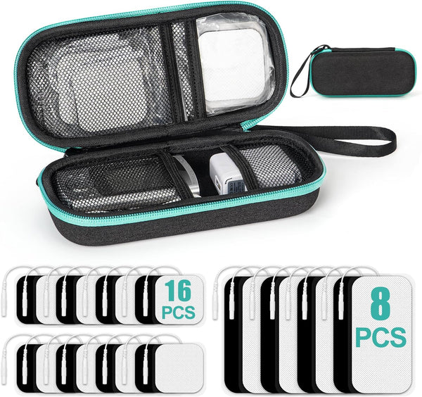 24 PCS Electrode Replacement Pads for TENS Unit & Portable Hard EVA Travel Case, Protective TENS Accessories Carrying