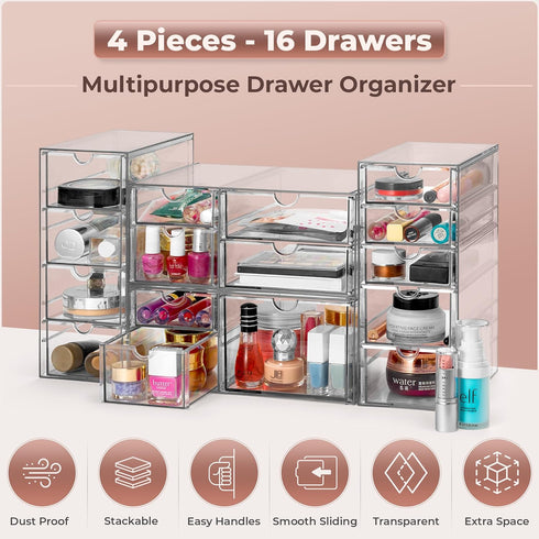 Sorbus Makeup Organizer with 16 Drawers, Clear Acrylic Drawer Organizer for Makeup, Office, Jewelry, Art Supplies