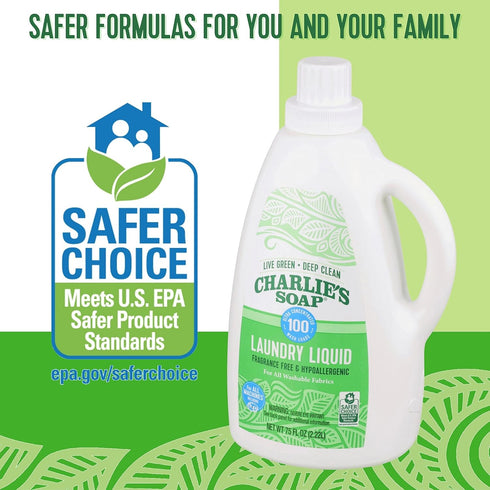 Charlie’s Soap Natural Deep Cleaning Laundry Liquid, 75.0 Fl Oz, 100 Loads, Hypoallergenic, Eco-Friendly Detergent