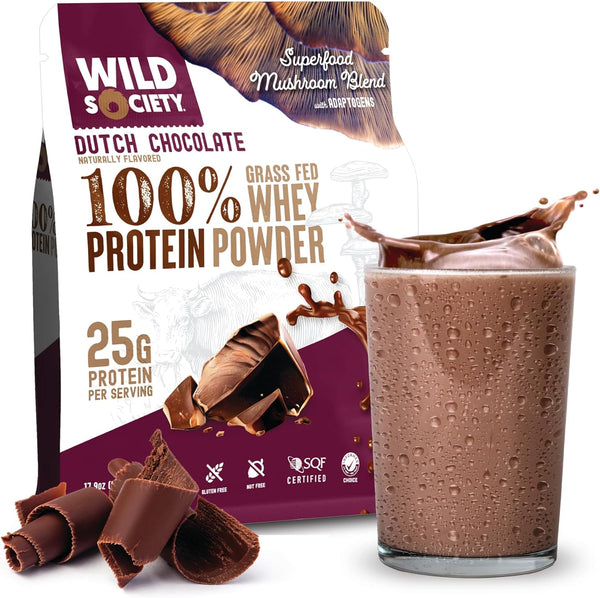WILD SOCIETY Premium 100% Grass Fed Whey Protein Powder + Superfood Mushrooms & Adaptogens, 25g Protein, Clean Protein