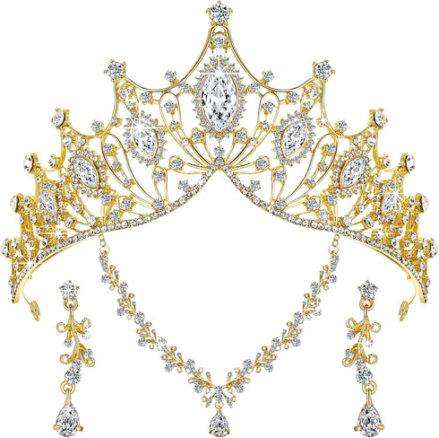 Hicarer 3 Pieces Baroque Queen Crown Set, Crystal Tiara Earrings Necklace for Women Bridal Jewelry