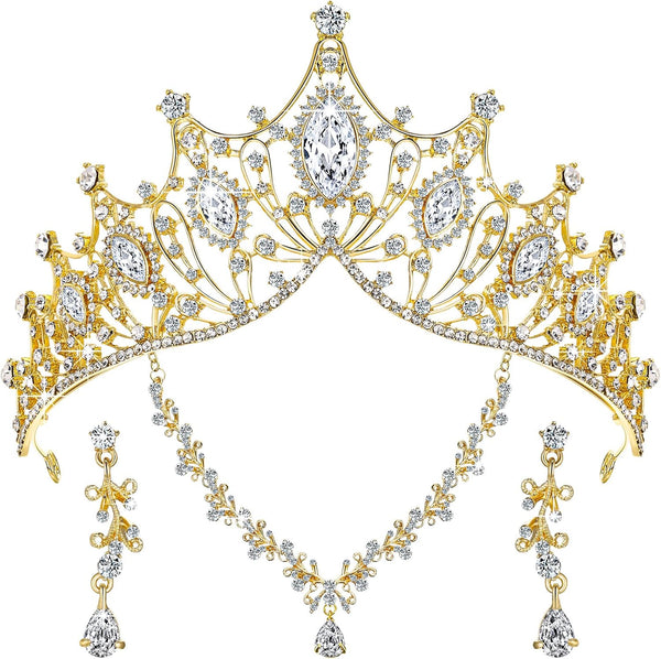 Hicarer 3 Pieces Baroque Queen Crown Set, Crystal Tiara Earrings Necklace for Women Bridal Jewelry