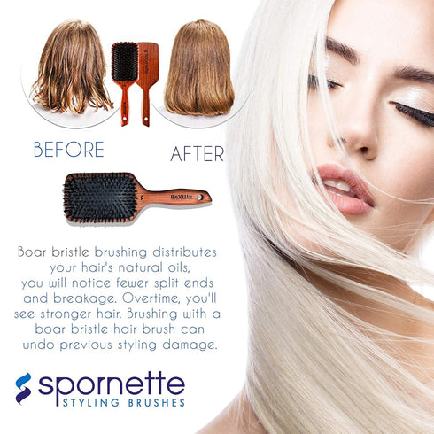 Spornette Deville Cushion Paddle Brush, Boar Bristle Hair Brush for Straightening, Smoothing, Detangling