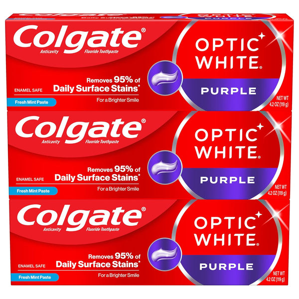 Colgate Optic White Purple Toothpaste for Whitening, Fluoride, Removes Surface Stains, Mint, 3 Pack, 4.2 oz