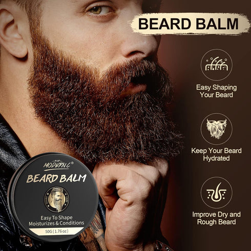 POP MODERN.C Beard Grooming Kit - 6pcs Beard Wash Shampoo, Beard Oil, Beard Balm, Comb, Brush, Scissors, Best Gift for