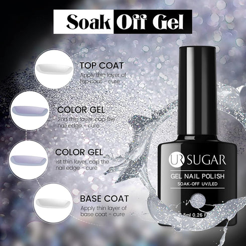 UR SUGAR Reflective Glitter Gel Nail Polish, Silver Sparkly Shimmery Gel Polish for Nail Art Manicure DIY
