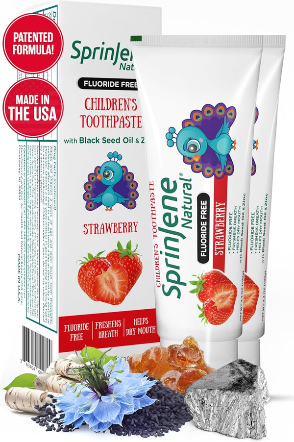 Sprinjene Kids Toothpaste, Strawberry Flavor, Patented Natural, SLS Free, Fluoride Free, Pack of 2