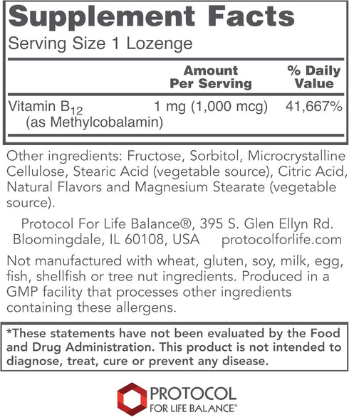 Protocol Methyl B12 1,000mcg - Vitamin B12 for Homocysteine Metabolism* - Supports Brain Health & Healthy Nervous System* - Kosher, Halal & Vegan - 100 Lozenges