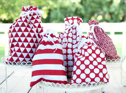 100% Cotton Gift Bags, Standard Set, Red, Set of 5 bags: three 16"x12" and two 10"x8"