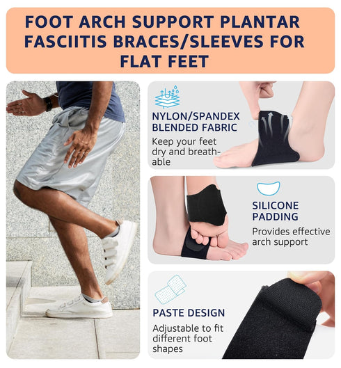HiRui Arch Support Braces (Pair) - Adjustable Wraps with Gel Pads for Plantar Fasciitis Relief (Black)