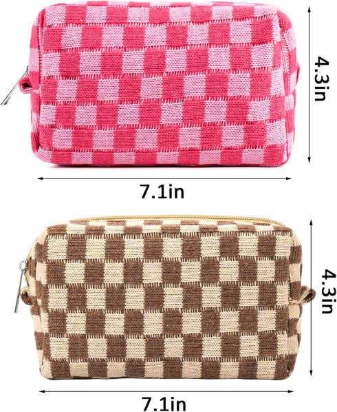 4Pcs Checkered Makeup Bag for Women, Knitted Small Cosmetic Pouch, Cute Aesthetic Travel Toiletry Organizer
