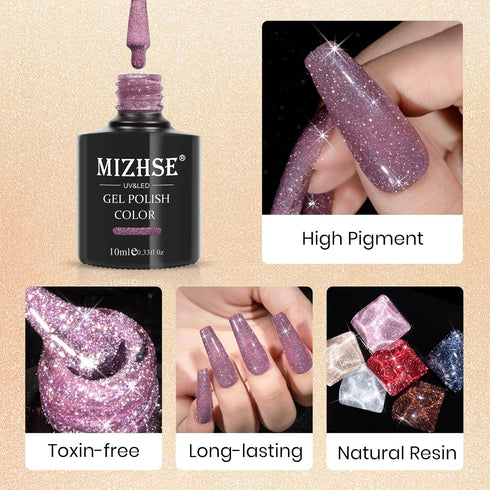 MIZHSE Reflective Glitter Gel Nail Polish - Shimmery Gel Polish Set 10ml for Nail Art Varnish DIY at Home
