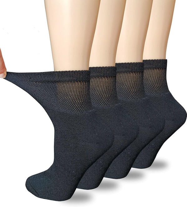 Women Extra Wide Comfort Fit Loose Fit Quarter Socks, Moisture Wicking Cushion Diabetic Socks, 4 Pairs, Black