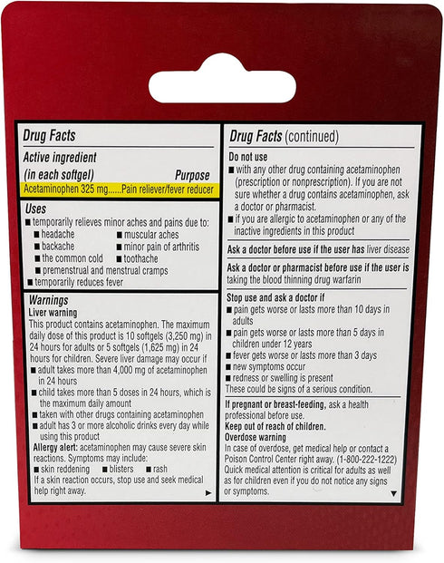 Acetaminophen 325mg 20 Softgels - Rapid Release Pain Relief, Extra Strength, Fever Reducer for Adults