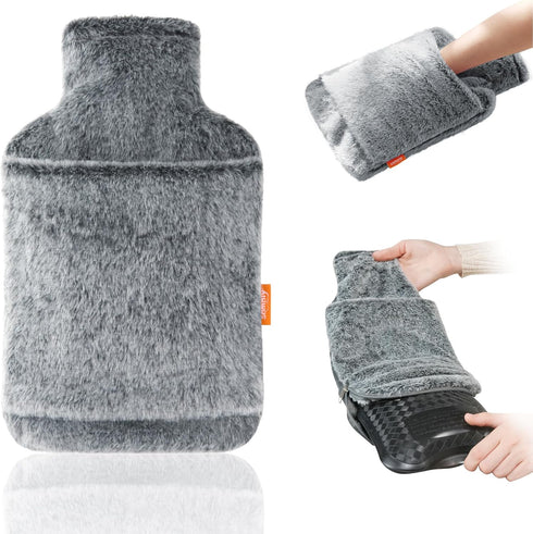 samply Hot Water Bottle with Soft Thick Faux Fur Cover and Hand