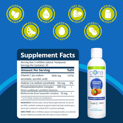 Core Med Science Liposomal Vitamin C 1000mg Liquid - 5 Fl Oz, Non-GMO Supplement for Immune System