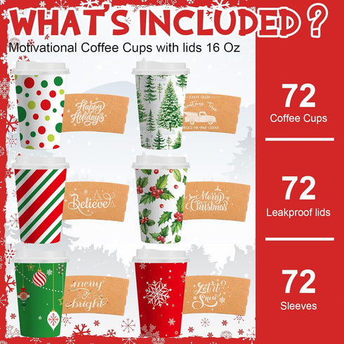 Suttmin 72 Sets/ 216 16 oz Pcs Christmas Paper Cups Disposable to Go Coffee Cups with Lids and Sleeves Xmas Hot Cocoa