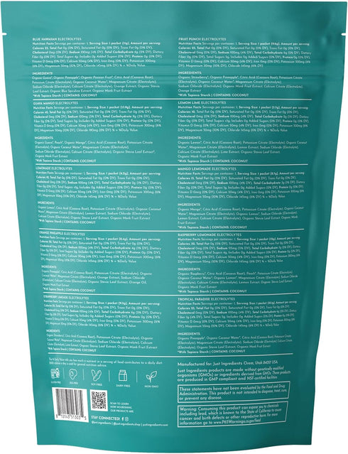 Pack 10 Packets 3:1 JUST INGREDIENTS Electrolyte Sample Stick Variety | Hydration Powder | Real Fruit Electrolytes |