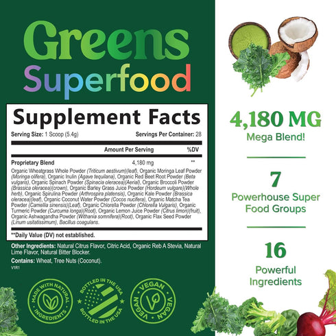 Greens Superfood Powder - Original Organic Greens Smoothie & Juice Mix Powder, Antioxidants & Probiotics, Spirulina, Chlorella, Beet Root, Whole Foods, Digestive & Gut Health Support - 28 Servings