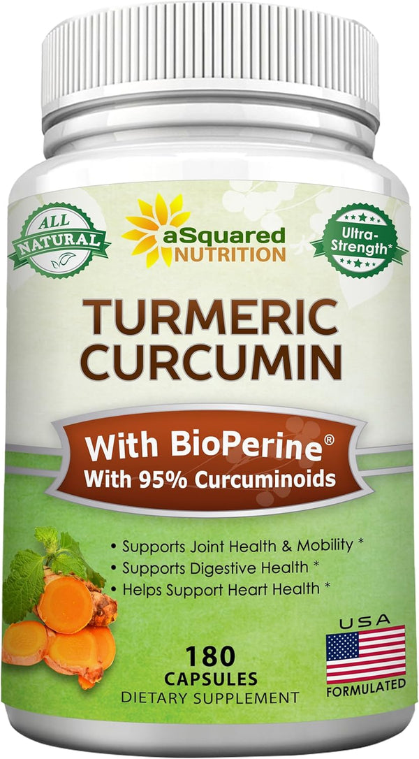 aSquared Nutrition Turmeric Curcumin 1300mg with BioPerine Black Pepper Extract - 180 Capsules, 95% Curcuminoids