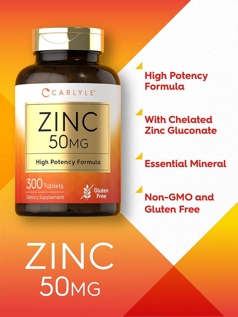 Carlyle Zinc | 50mg | 300 Tablets - Vegetarian, Non-GMO, Gluten Free Supplement | High Potency Formula