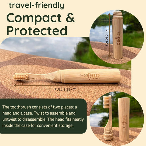 Bamboo Screwable Toothbrush, Two-Piece Design, Soft BPA-Free Bristles & Portable Case, Eco-Friendly for Travel & Daily