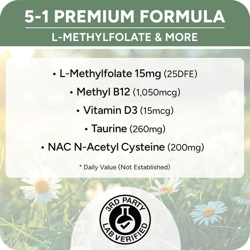 L-Methylfolate 15mg plus Methyl B12, D3, Taurine & NAC, Professional Strength Active 5-MTHF Supplement, 60 Capsules