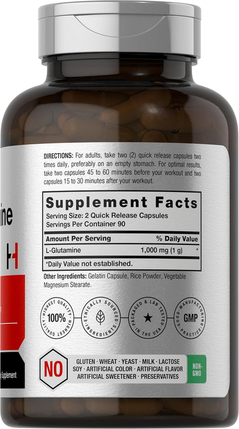 Horbaeach L Glutamine Capsules | 1000mg | 180 Count | Pre and Post Workout | Non-GMO, Gluten Free Supplement