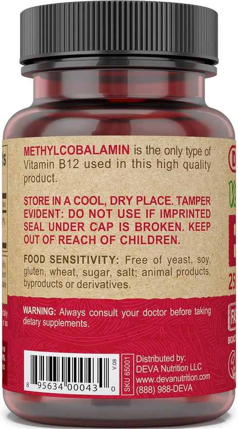 DEVA Vegan Vitamins B-12, High Potency 2500 mcg, Fast Dissolve Sublingual, 90 Tablets, Pack of 2