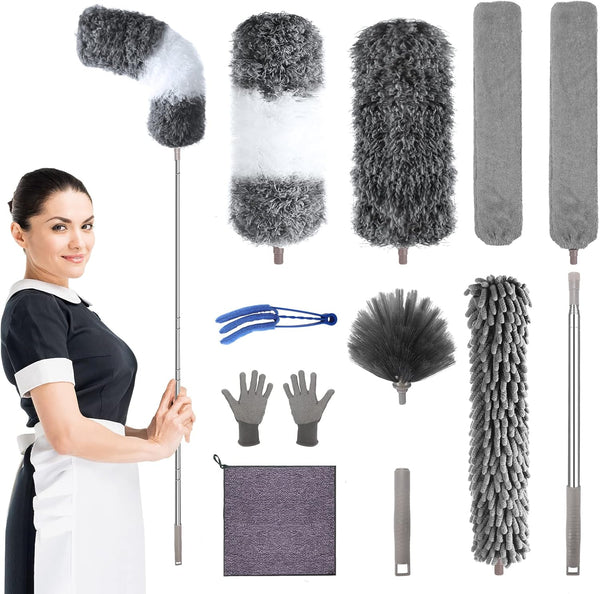 Microfiber Feather Duster with Extension Pole 30 to 100 inches, Reusable, Washable Dusters for Cleaning Ceiling Fans,