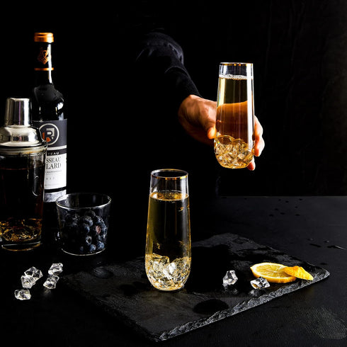 N9R 12PCS Stemless Plastic Champagne Flutes, 9 oz Gold Rim Toasting Glasses, Shatterproof Cocktail Cups for Party