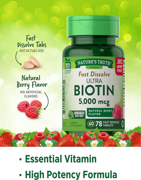 Nature's Truth Ultra Biotin 5000mcg, 78 Fast Dissolve Tablets for Hair, Skin & Nails, Natural Berry Flavor