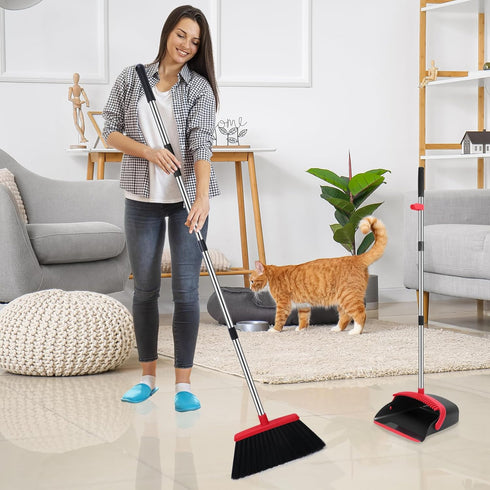 Broom and Dustpan Set, 52-in Long Adjustable Handle Broom with Dustpan Teeth for Home Kitchen Office Floor (Black&Red)