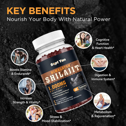 Shilajit Gummies 1000mg - Pure Himalayan Organic with Ashwagandha, 60ct for Energy and Immunity