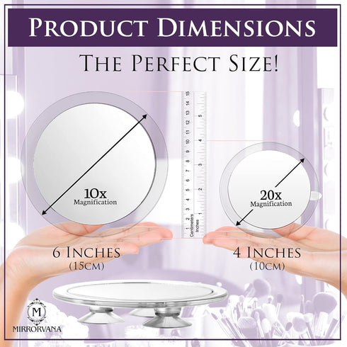 MIRRORVANA 20X & 10X Magnifying Mirror Set, Compact Travel Ready Mirror with 3 Suction Cups