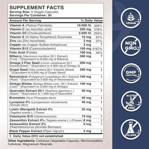 Lutein and Zeaxanthin Supplements - Eye Health Vitamins - Astaxanthin, Omega 3, Resveratrol, Bilberry, Lycopene, Quercetin, Ginkgo Biloba, Vitamin D - Advanced Eye Support & Health Vision Formula