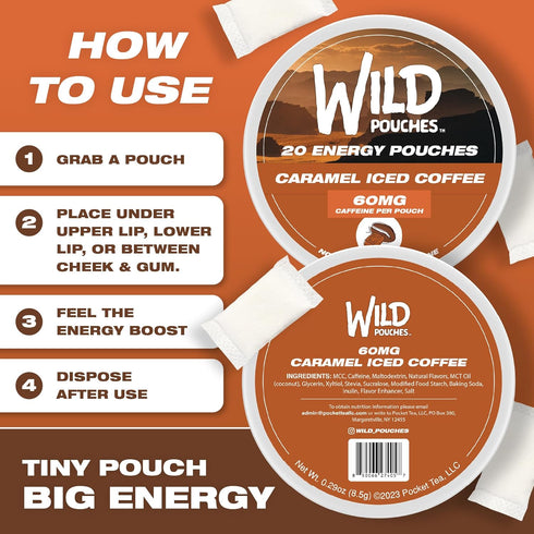 Wild Pouches 60mg 20 Wild Caffeine Pouches Nicotine Free Caramel Coffee - x Energy Pouches - Caffeine Pouch