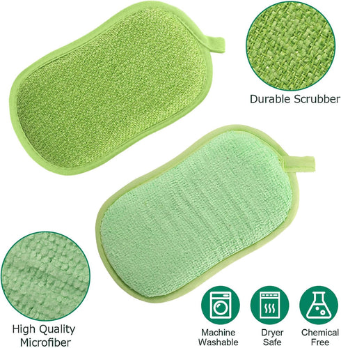 24 Pack Multi-Purpose Non-Scratch Microfiber Scrub Sponges for Reusable Dish Cleaning, Heavy Duty Scouring Power (Green)