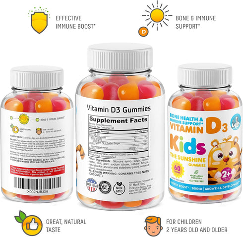 Vitamin D3 Gummies for Kids & Adults 2000 IU - Vegetarian Gelatin-Free Immune Support D3 Gummies, 60 Count