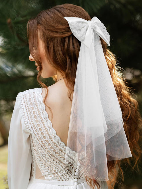 SWEETV Bridal Hair Bow Veil, White Bow Clip Bachelorette Party Decorations, Pearl Accessories for Bride to Be