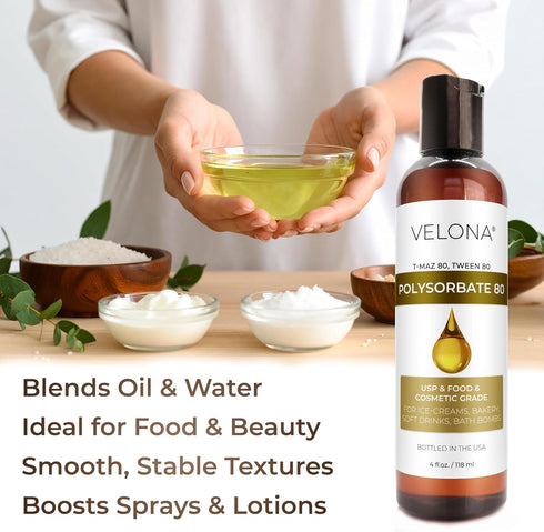 Polysorbate 80 by Velona, 4 Fl Oz | Solubilizer, Food & Cosmetic Grade for Cooking, Skin Care, Bath Bombs
