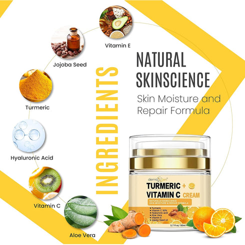 Turmeric Face Cream + 30% Vitamin C Glow Boosting Moisturizer & Skin Repairing, Hydrating with Organic Ingredients Anti-Aging Facial Cream, Normal, Dry, Oily & Combination Skin - 1.7 FL OZ