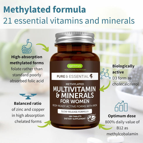 Igennus High Potency Methylated Multivitamin for Women, Non-GMO & Halal, 180 Tablets with Active B-Vitamins